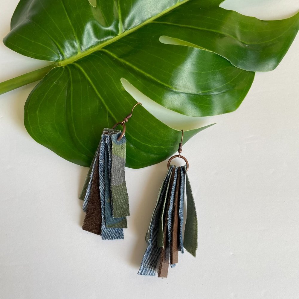 Leather & Denim Dangle Earrings, Shabby Chic Leather Earrings, Camo Earrings